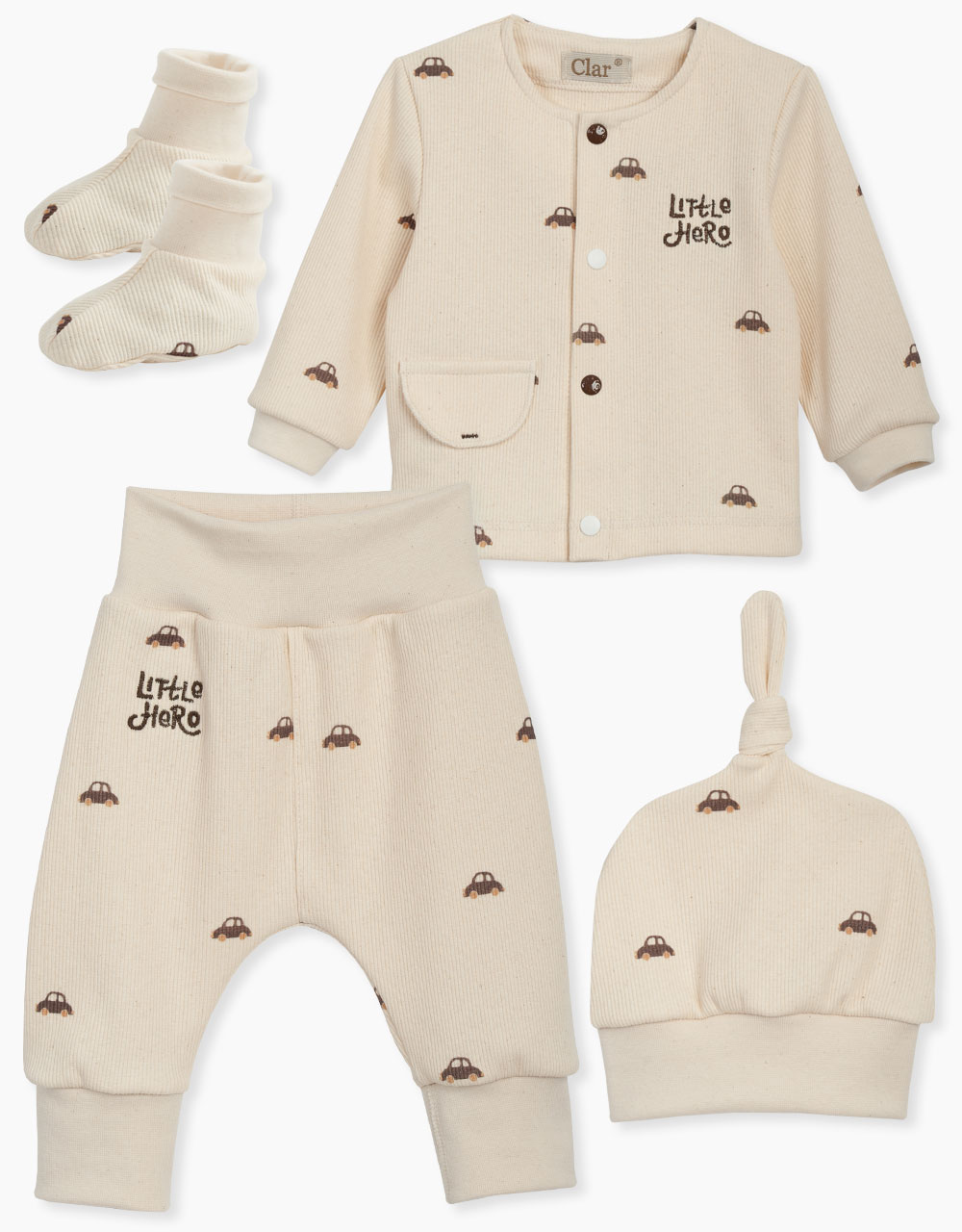 Komplet za dojenčka 4 delni Natural avtomobilčki