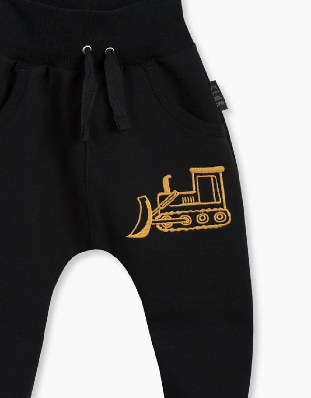 Otroške baggy hlače z vezeno aplikacijo buldožer