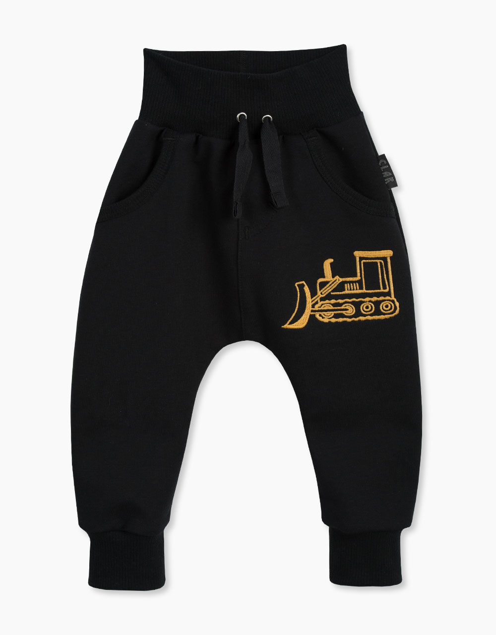 Otroške baggy hlače z vezeno aplikacijo buldožer