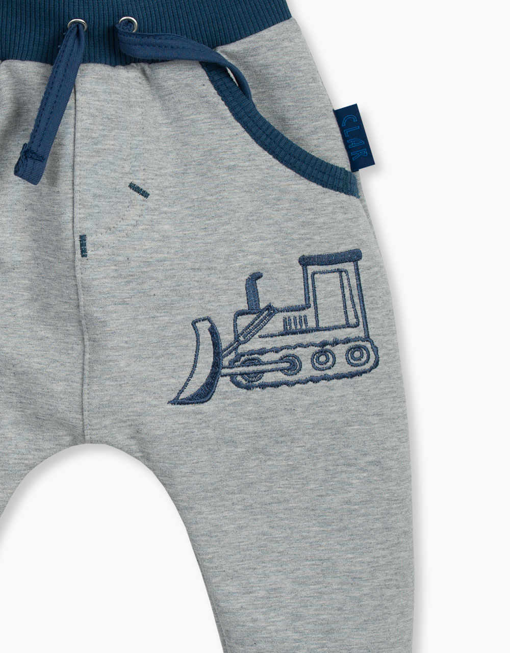 Otroške baggy hlače z vezeno aplikacijo buldožer