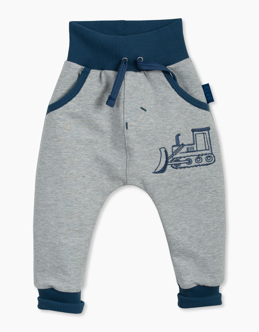 Otroške baggy hlače z vezeno aplikacijo buldožer