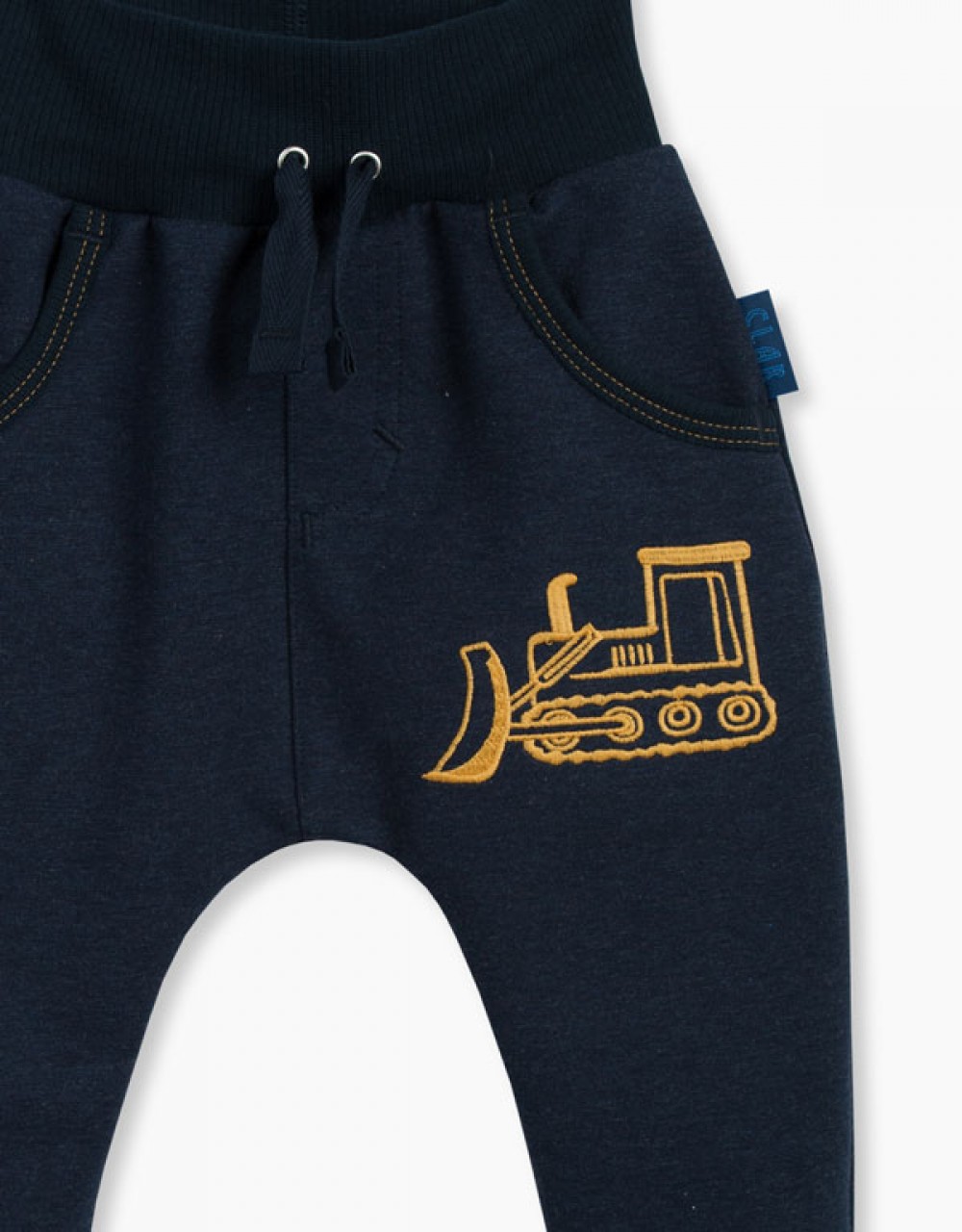Otroške baggy hlače z vezeno aplikacijo buldožer