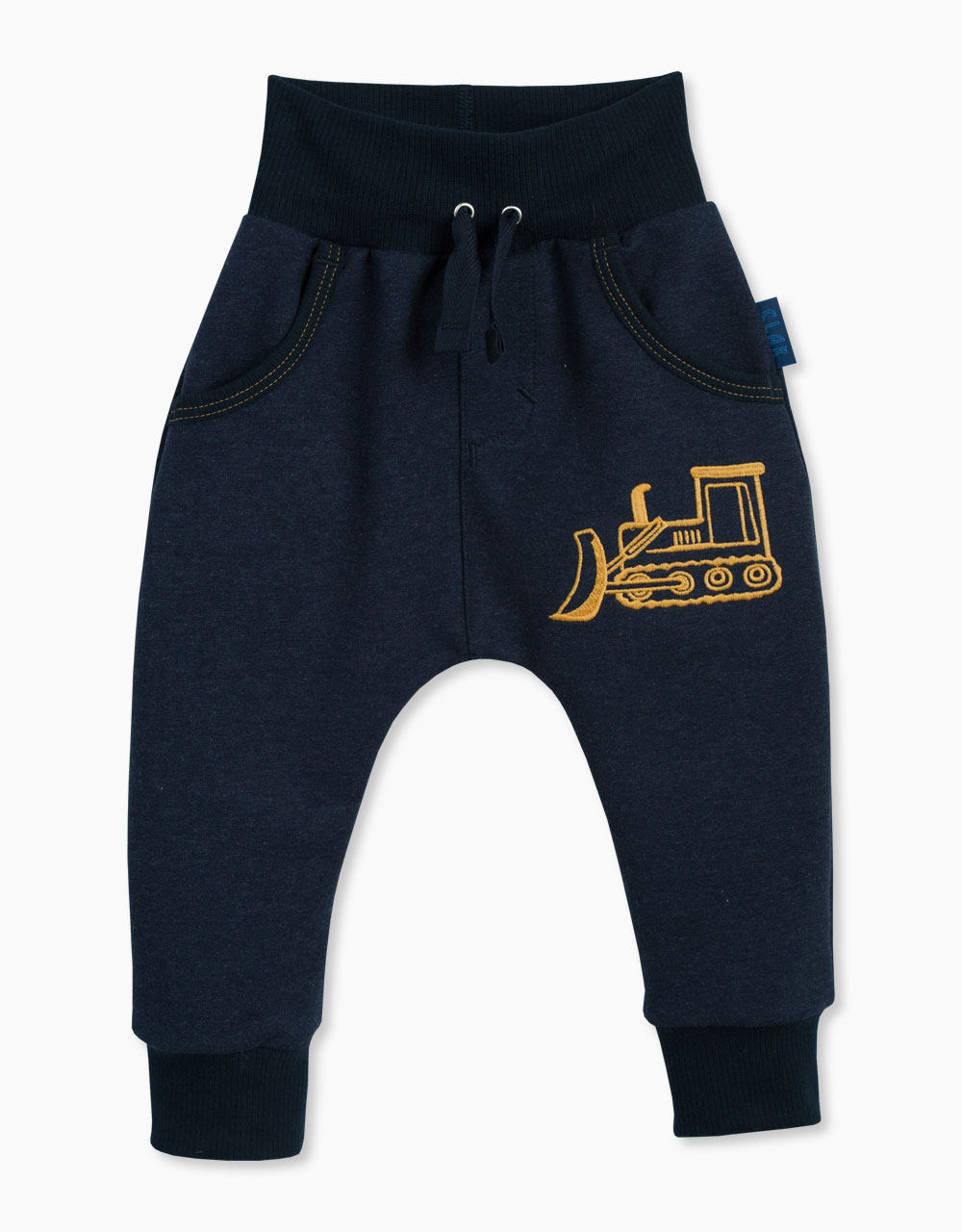 Otroške baggy hlače z vezeno aplikacijo buldožer