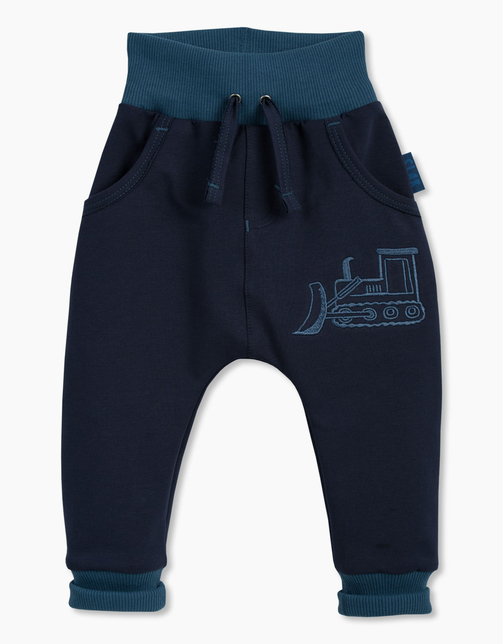 Otroške baggy hlače z vezeno aplikacijo buldožer
